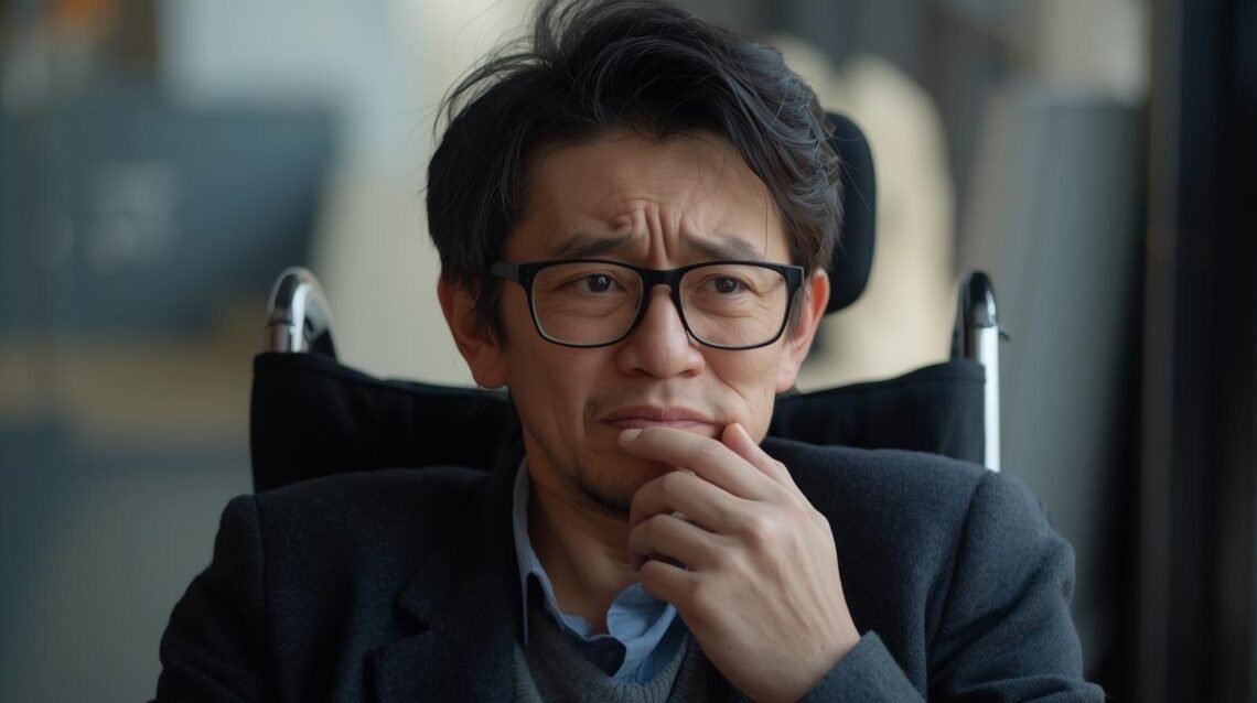 a disabled person looking concerned