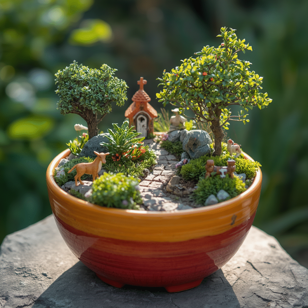 minature garden created in a plant pot with a path